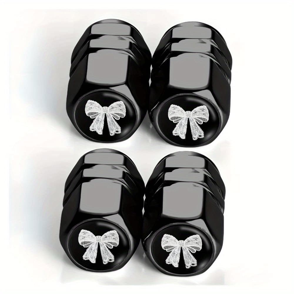 TEMU 4pcs Black Vintage Lace Bow & Bow Pendant Tire Valve Caps - Compatible For Cars, Trucks, Suvs, Motorcycles - Durable Aluminum Alloy , Dust-proof Elegant Vehicle Accessories (4 Tire Valves)