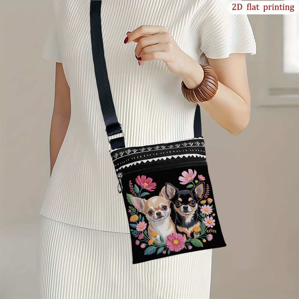 TEMU 1pc 2d Flat Printing Chihuahua Flower Petal Green Black Crossbody Bag | Casual Small Shoulder Bag, Suitable For Outdoor Activities, Daily Commuting, Zipper Closure, Adjustable Strap