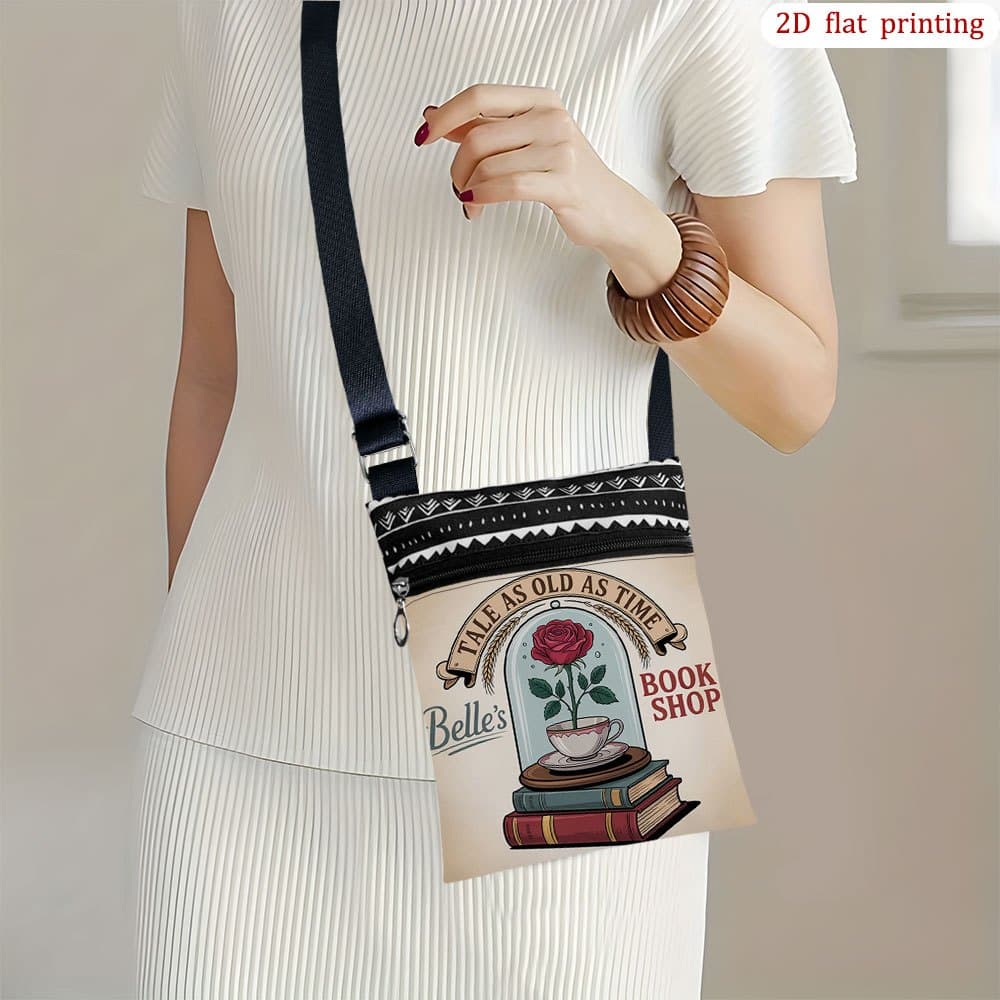 TEMU 1pc Book Print Crossbody Bag - , Adjustable Strap & Zipper Closure, Durable Book Cover Bag Suitable For Beach Trips, Wedding Guest Accessory, Daily Use Gift, 2d Flat