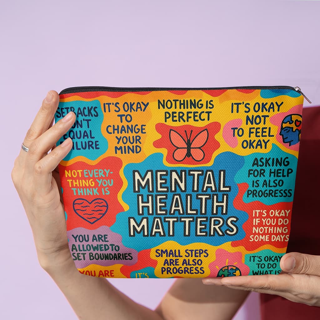 TEMU Cosmetic Bag 1pc, Mental Health , Stylish Zippered Wallets, Work Snack Bags, Skincare Product Organizers, Double-sided Printed Cosmetic Bags, Student Stationery Organizers, And Holiday Gifts