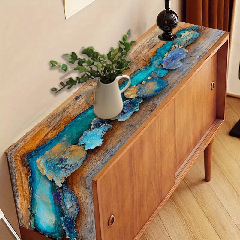 TEMU Bohemian Style Table Runner | Turquoise & Teal Geode Print On Wood-like Polyester | Ideal For Weddings, Rustic Events & Artisan Markets | Durable & Elegant Dining Decor, Bohemian Home Decor