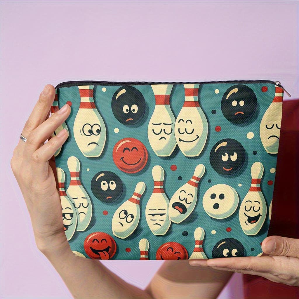 TEMU 1pc Bowling-themed Cosmetic Bag With Fun & Balls Print - Double-sided Women's Makeup Pouch, Toiletry Organizer, Travel Clutch (machine-washable) For Bowling Lovers Gift