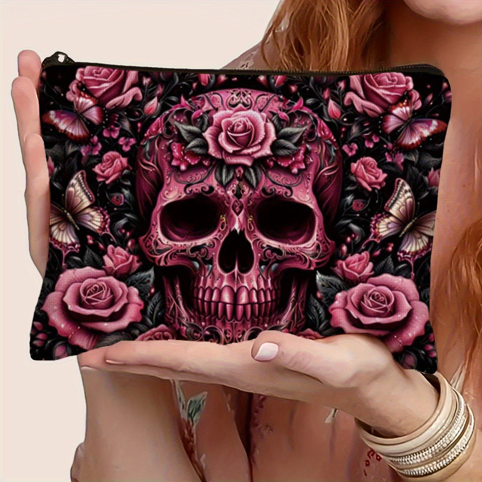 TEMU 1pc Rose Skull Pattern Multi-scene Application, Travel Wash Storage Bag, Suitable For Daily Use Or Travel, Suitable For Gift , Suitable For Manicurist, Perfect Birthday Gift