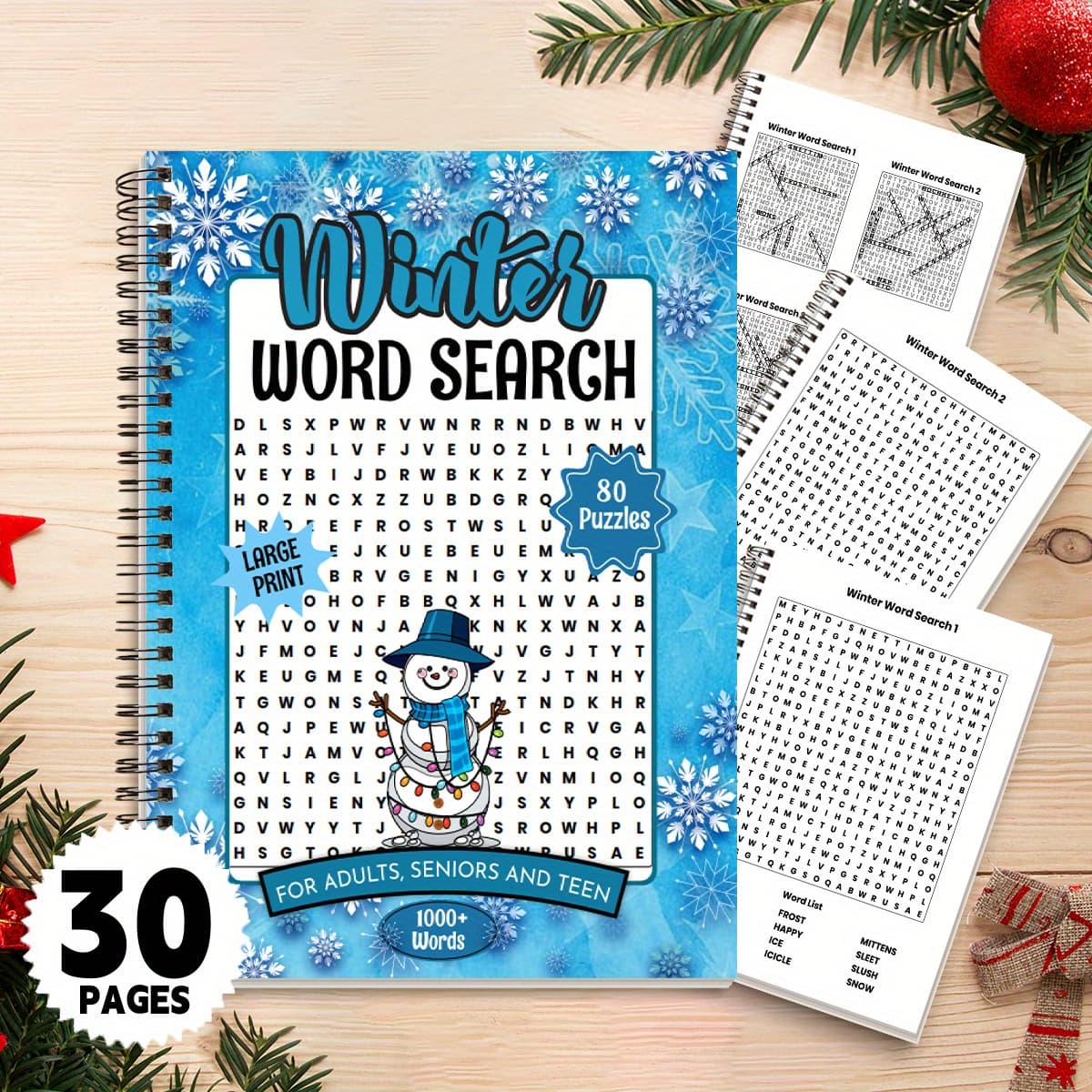 TEMU 1 Christmas-themed Book Featuring Snowflakes And , Containing 80 Large Print Puzzles With Over 1000 Words, Perfect For Adults, Seniors, And Teens To Enjoy During