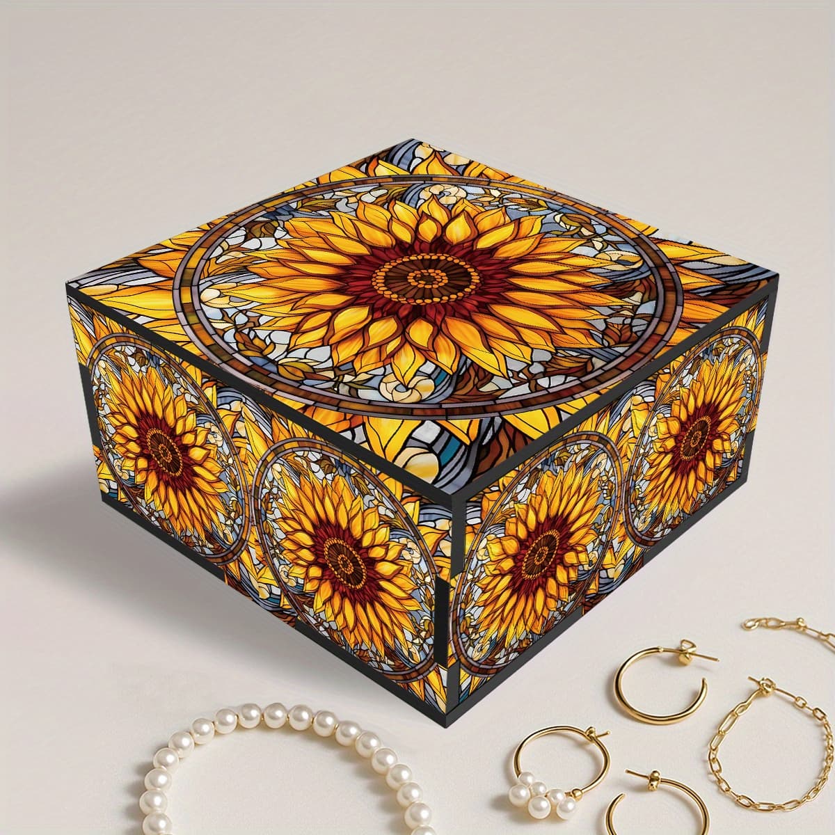 TEMU 2d Flat, Autumn Sunflower Pattern Black Acrylic Lidded Storage Bin Suitable For Desktop Small Items And Jewelry Storage, Exquisite Storage Box Christmas Gift, Requires Assembly
