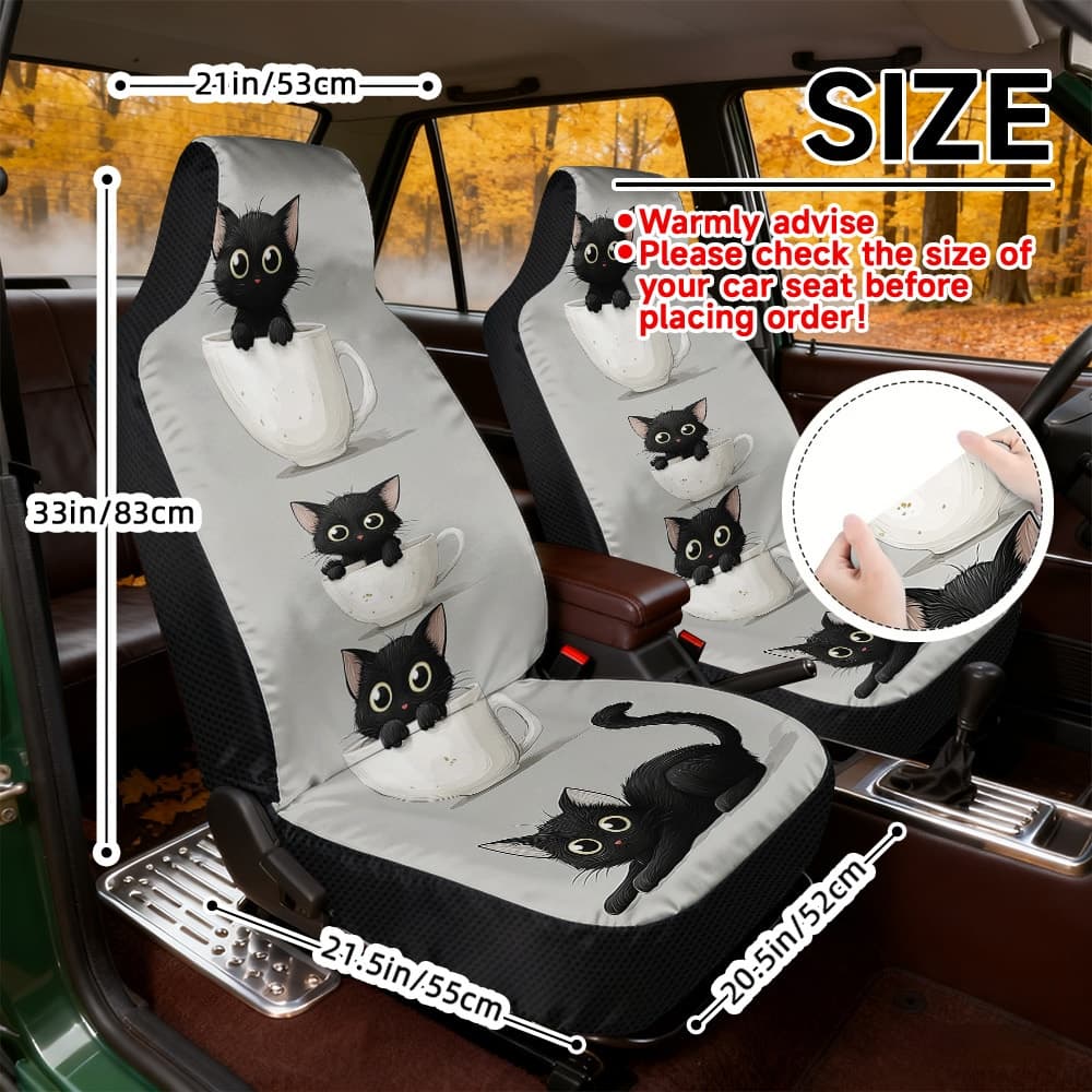 TEMU 2d Flat Printing, 2pcs Front Car Seat Covers, Soft Car Seat Covers, Universal Car Seat Covers, , Machine Washable, Cute Black Cats In Cups Design, Suitable For Lifestyle And Everyday Car Use