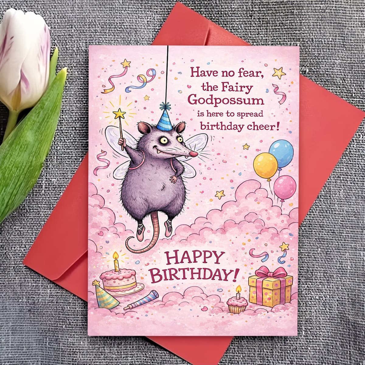 TEMU 1pc Whimsical Birthday Greeting Card, Cartoon Possum Fairy With Wand And Balloons "have Godpossum Cheer", Suitable For And Colleagues, Birthday, Cute Pastel, Card