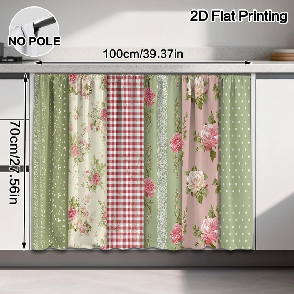 TEMU 2d Flat, 1pc Kitchen Decorative Cover Curtain, Roses And Gingham Floral Pattern, Rod Pocket No Tools Needed, Polyester Easy Clean, Kitchen Decor, 2d Flat