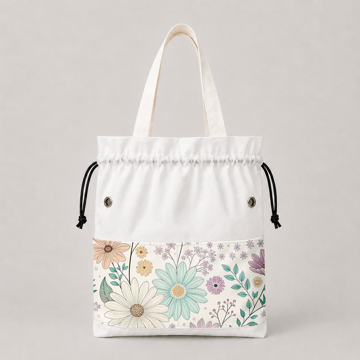 TEMU 1pc Drawstring Yarn Storage Bag, Pastel Daisy Floral Print Crochet Tote Bag With Holes, Knitting Project Organizer, Large Capacity Yarn Holder, Cottagecore Style Needlework Bag