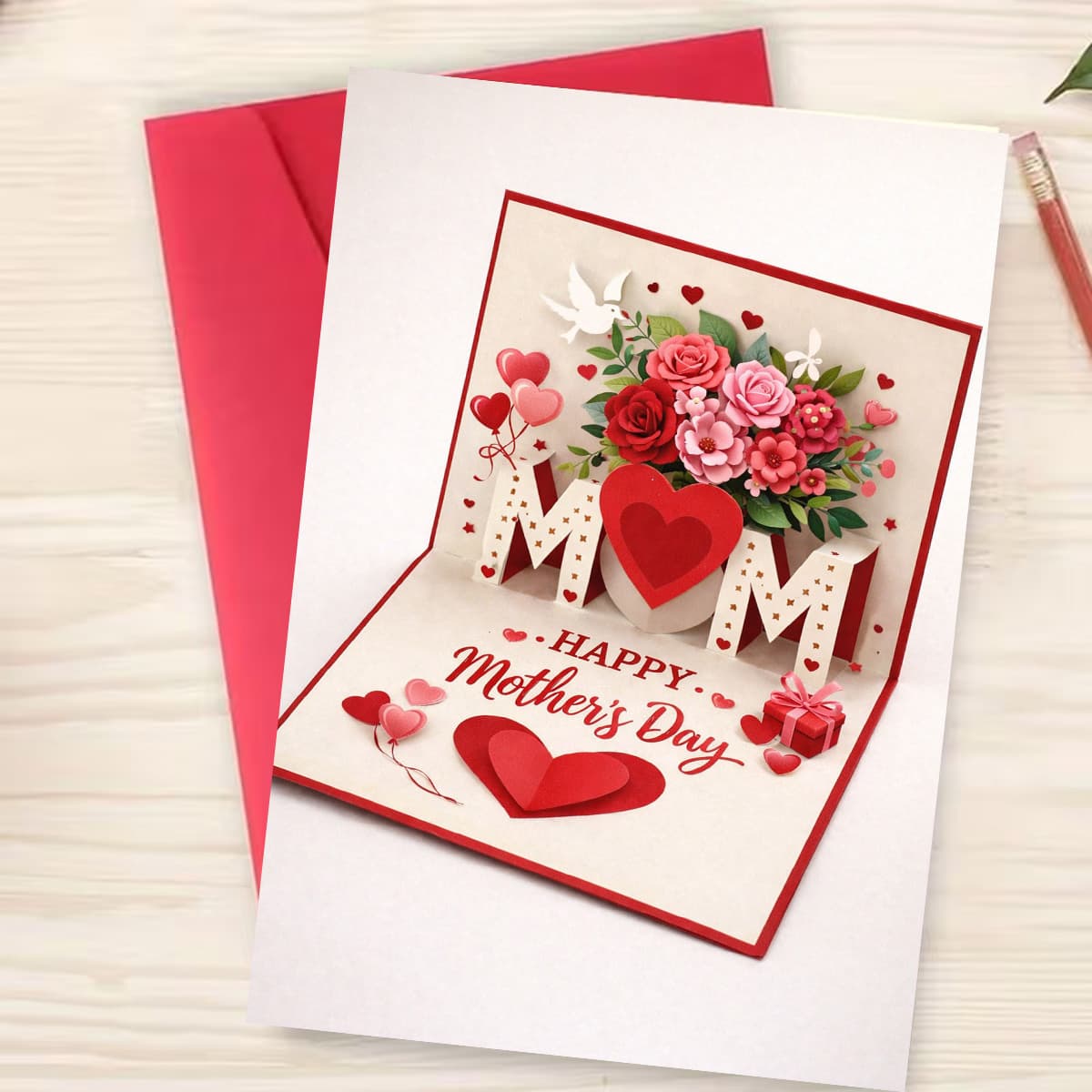 TEMU 2d Card With "mom" And Rose Bouquet, Including Envelope (/birthday Greetings)