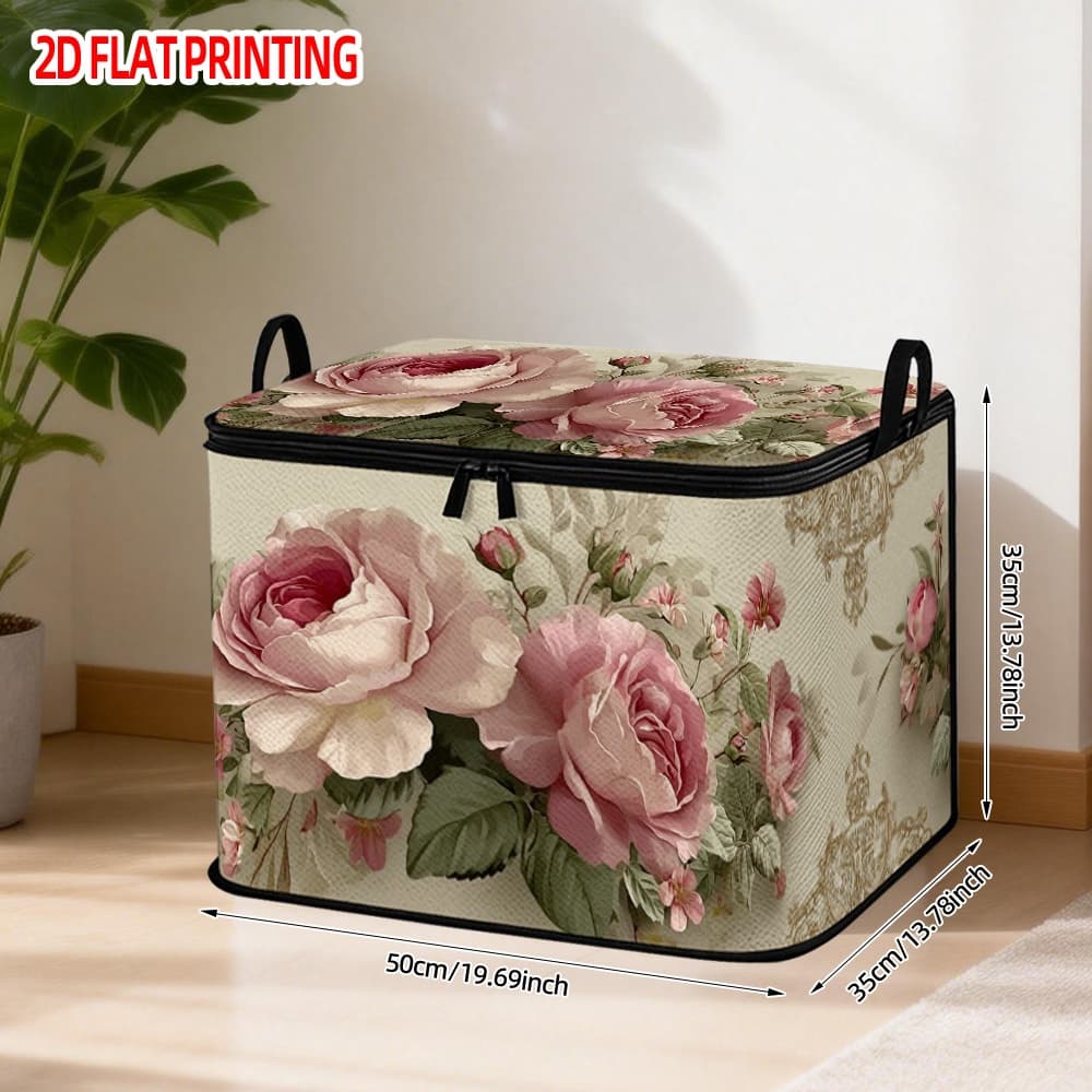 TEMU 1pc Floral Printed Laundry Basket With Lid | Sturdy Polyester Fabric Hamper For Clothes, Home Decor Organizer, Clothing Storage Basket, Closure, Shelf Baskets
