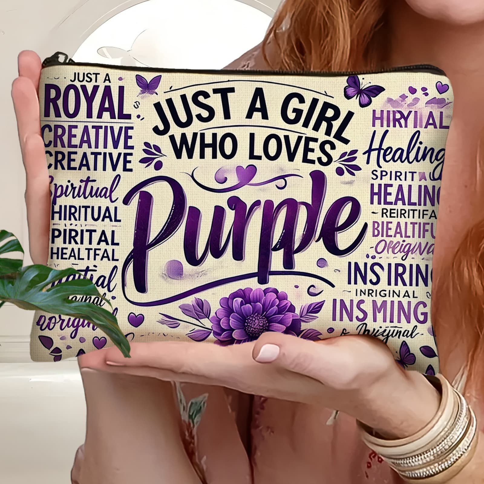 TEMU 1pc Purple - Themed Text Patternmakeup Bag: Multi- Scene Use, Travel Toiletries Organizer. Suitable For Daily Use/ Travel, Gifting For Manicurists, Perfect Birthday Present