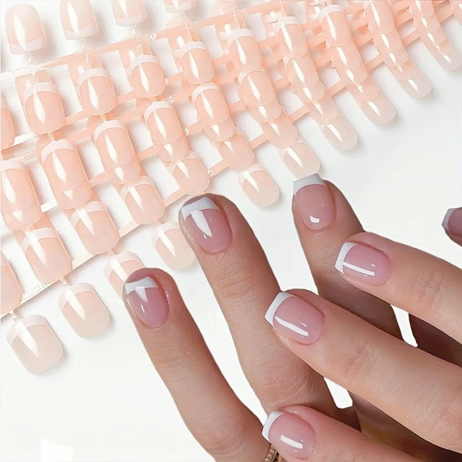 TEMU 100pcs Short Square Nail Daily Simple French Fake Nail Stickers, Professional Nail Salon And Home Diy Nail Art|bride Nails |wedding Nails