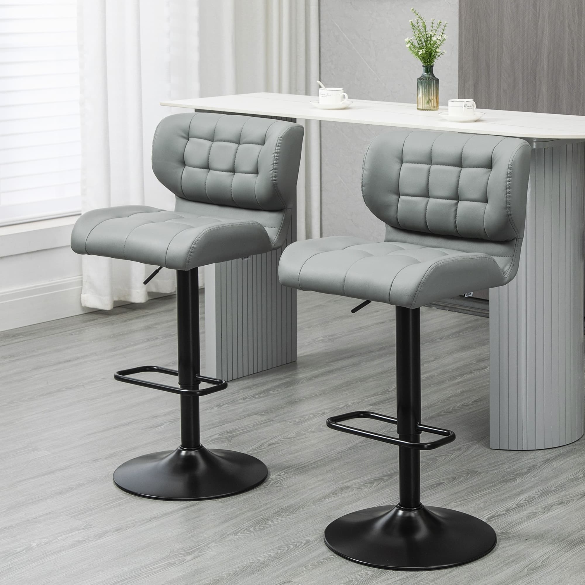 TEMU Homcom Adjustable Bar Stools Set Of 2, Swivel Tufted Pu Leather Barstools With Footrest And Back, Bar Chairs For Kitchen Counter And Dining Room, Grey