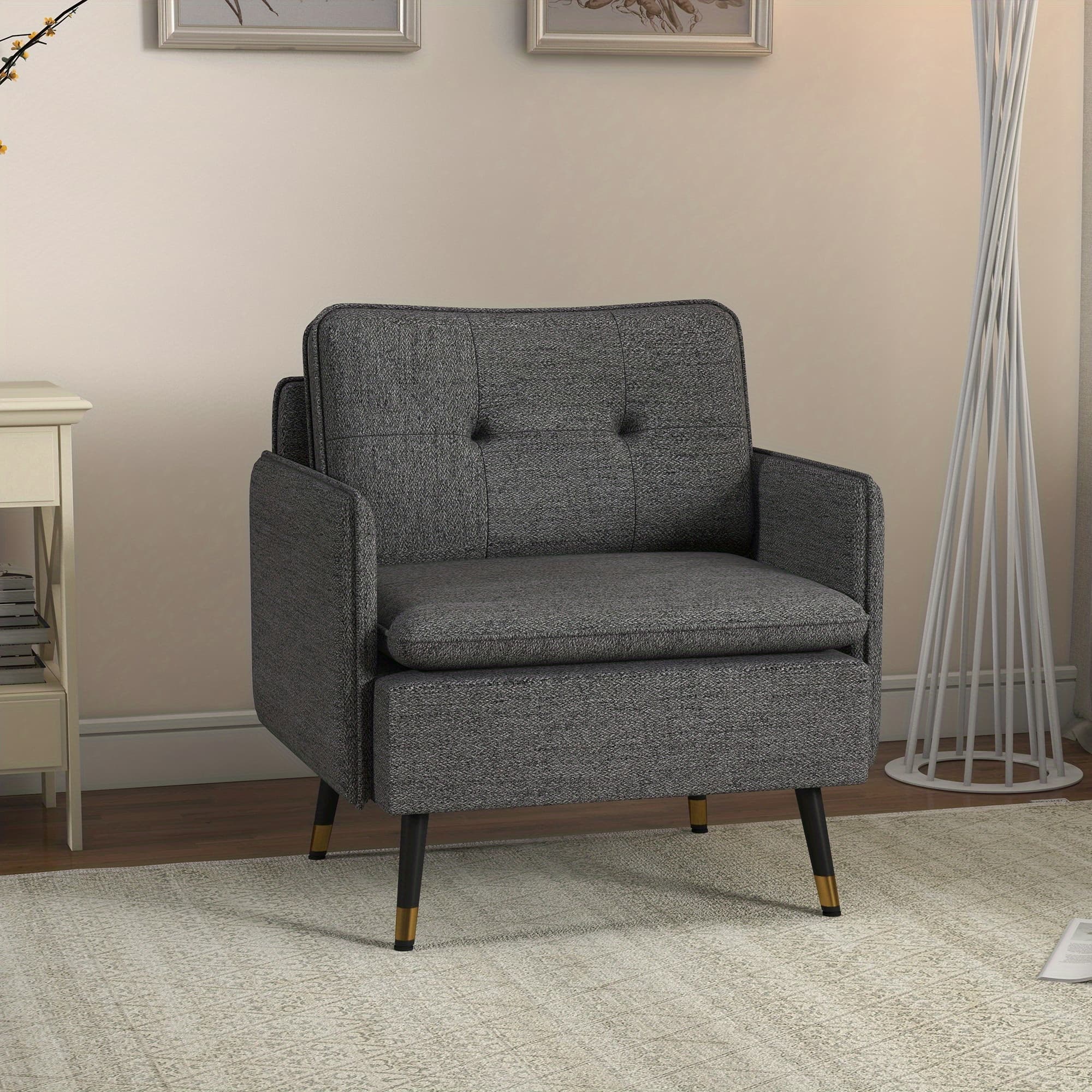 TEMU Homcom Accent Chair With Cushioned Seat And Back, Upholstered Fabric Armchair For Bedroom, Button Tufted Living Room Chair With Arms And Steel Legs, Dark Grey