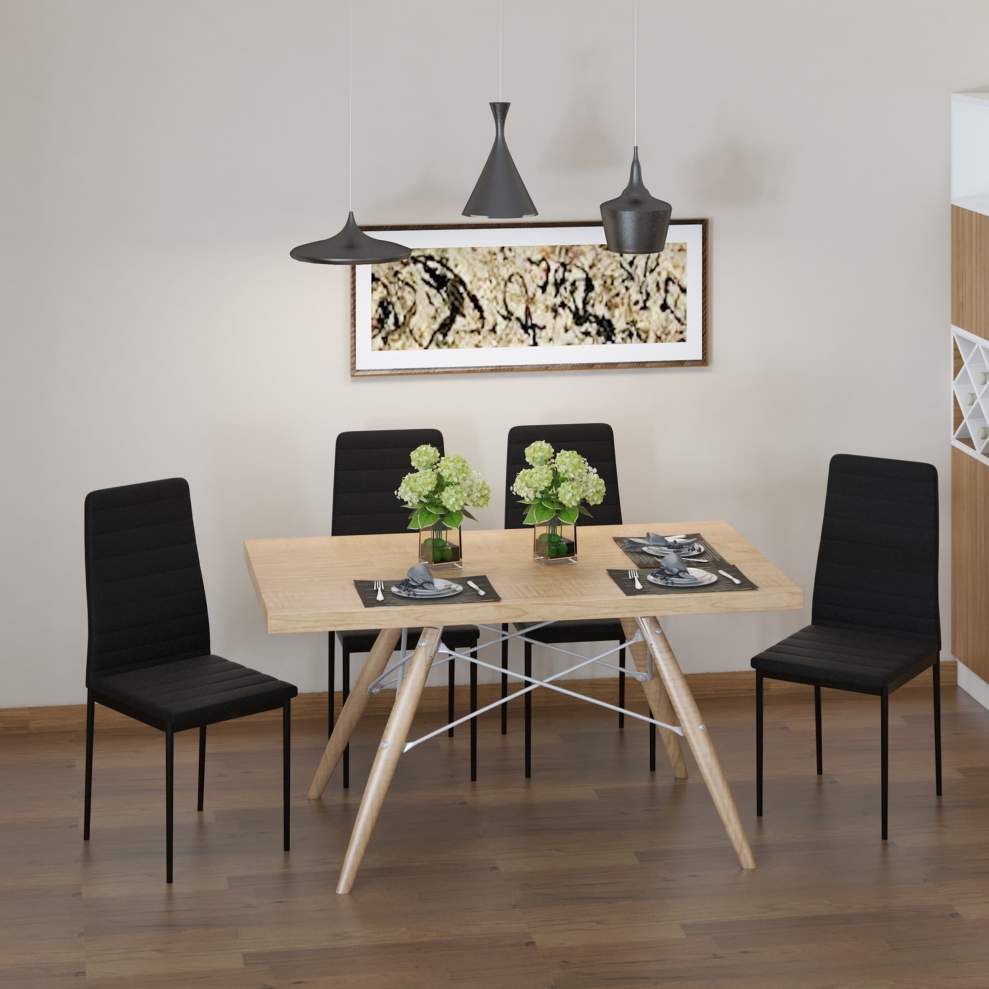 TEMU Homcom Modern Dining Chairs Set Of 4, Upholstered Pu Leather Kitchen Chairs With Channel Tufting And Metal Legs For Living Room, Dining Room, Bedroom, Black