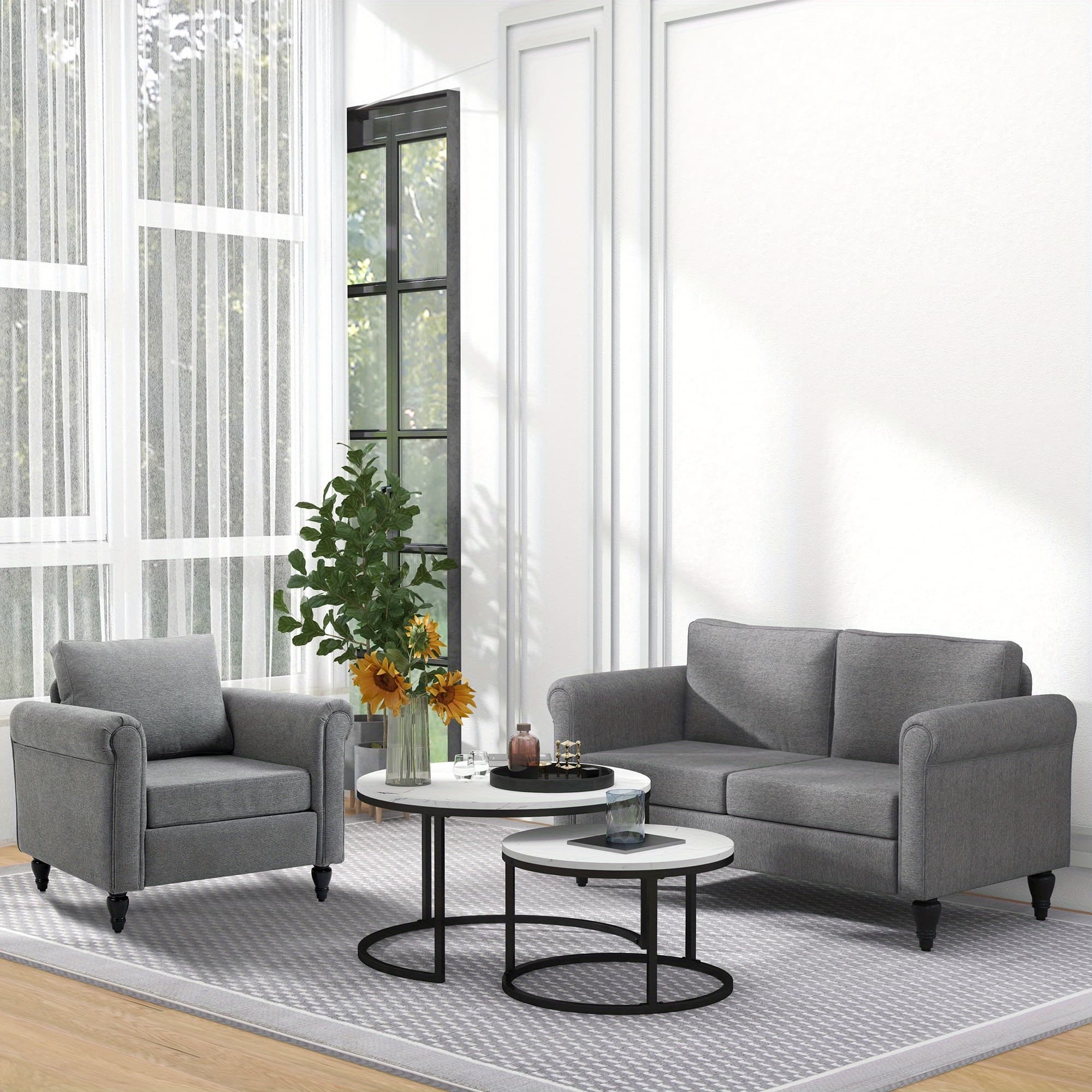 TEMU Homcom Vintage Loveseat, Upholstered Love Seat Furniture, Fabric 2 Seater Sofa With Rolled Arms, Gourd-shaped Rubber Wood Legs, Light Grey