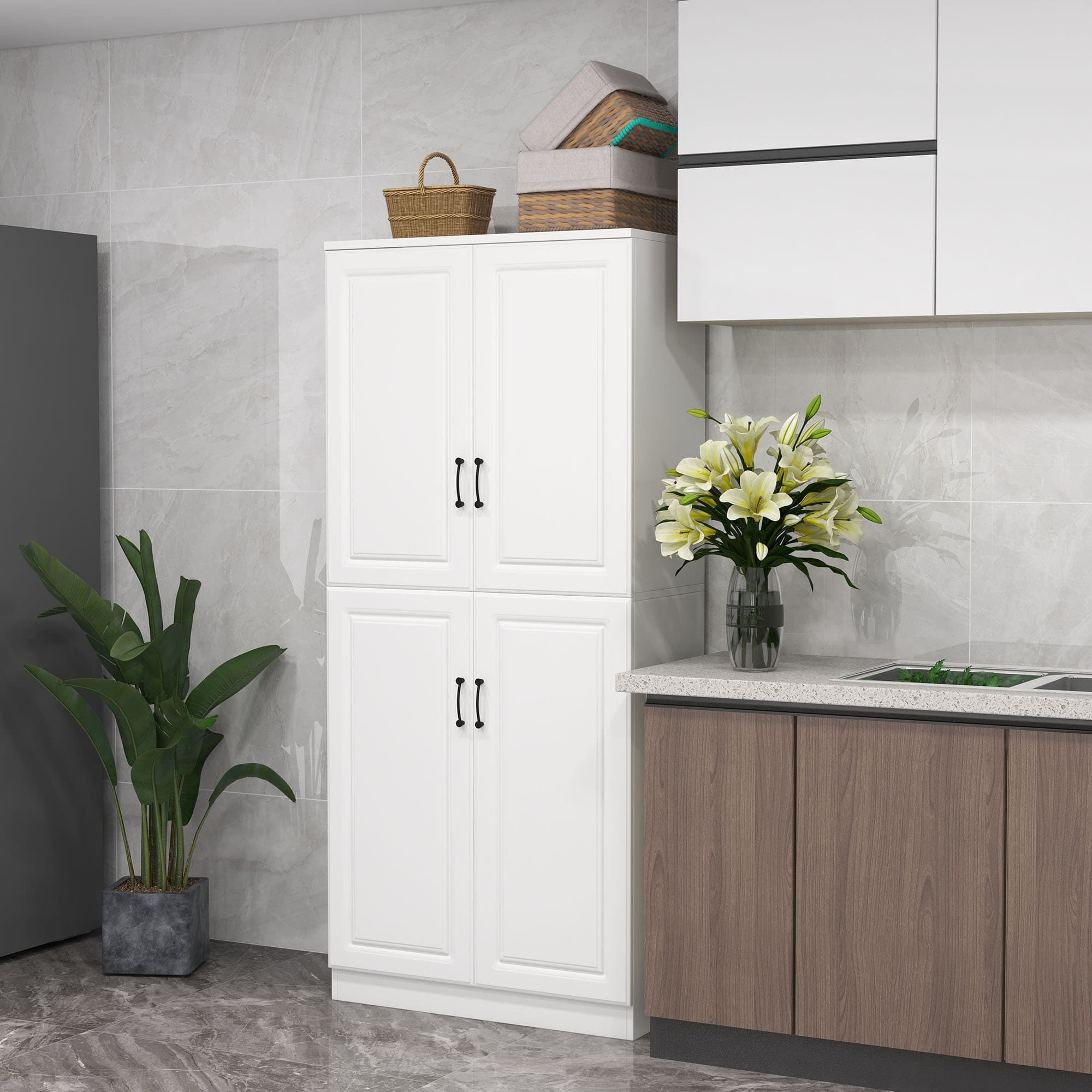 TEMU Homcom 71" Kitchen Pantry Cabinet, Freestanding Storage Cupboard With 4 Hinged Doors And Adjustable Shelves, White