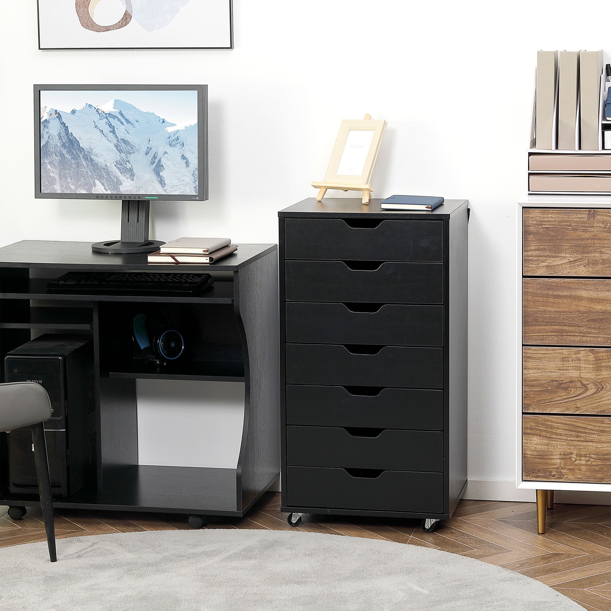 TEMU Vinsetto Vertical Filing Cabinet, 7-drawer File Cabinet, Storage Cabinet With Wheels For Home Office, Black