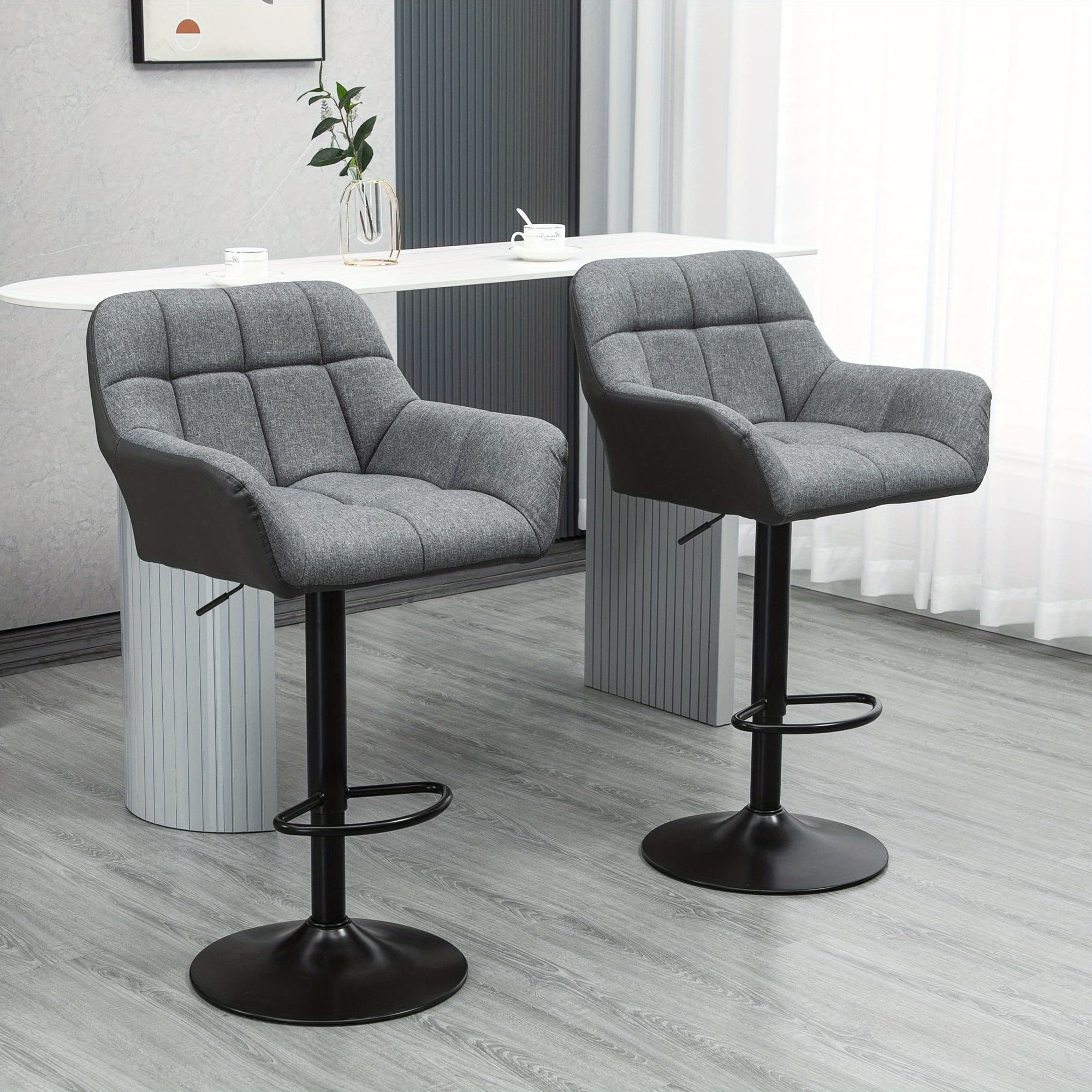 TEMU Homcom Adjustable Bar Stools Set Of 2, Swivel Tufted Linen Fabric Barstools With Footrest And Armrests, Bar Chairs For Kitchen Counter And Dining Room, Grey