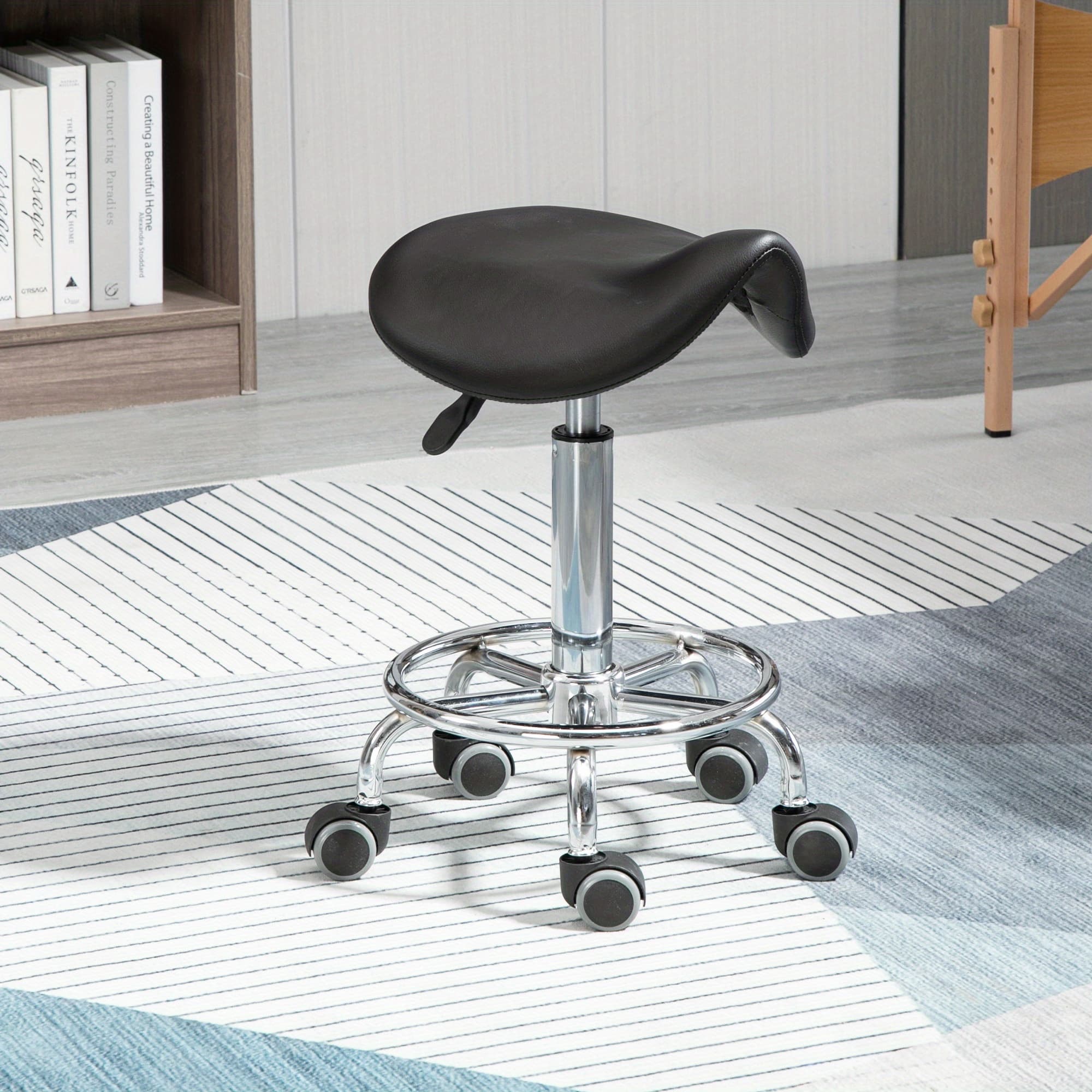 TEMU Homcom Stool, Pu Leather Adjustable Rolling Salon Chair For Massage, Spa, Clinic, Beauty And Tattoo, Black