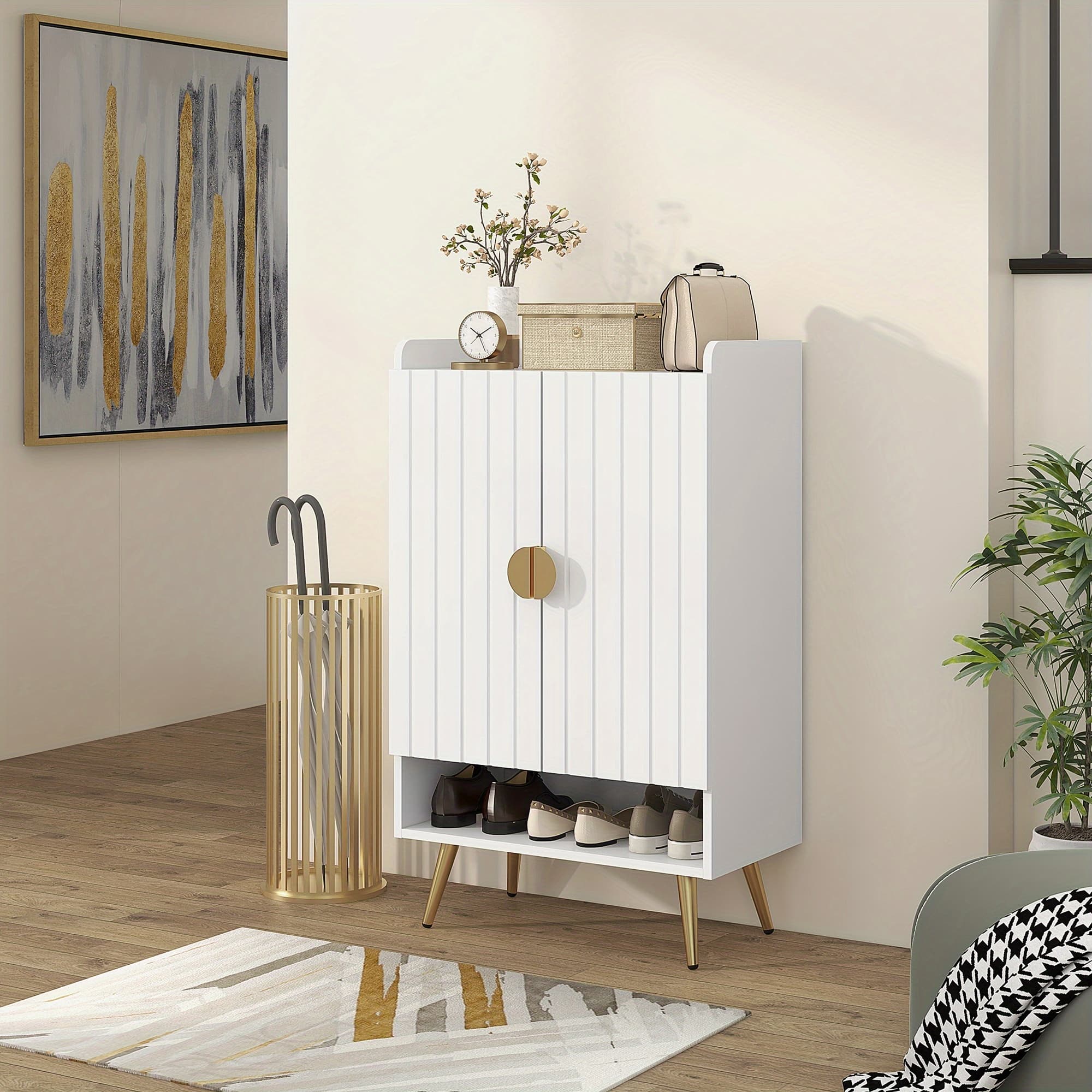 TEMU Homcom Narrow Shoe Cabinet For Entryway Shoe Storage Cabinet With 2 Doors, Adjustable Shelves And Open Shelf For 15 Pairs Of Shoes, White