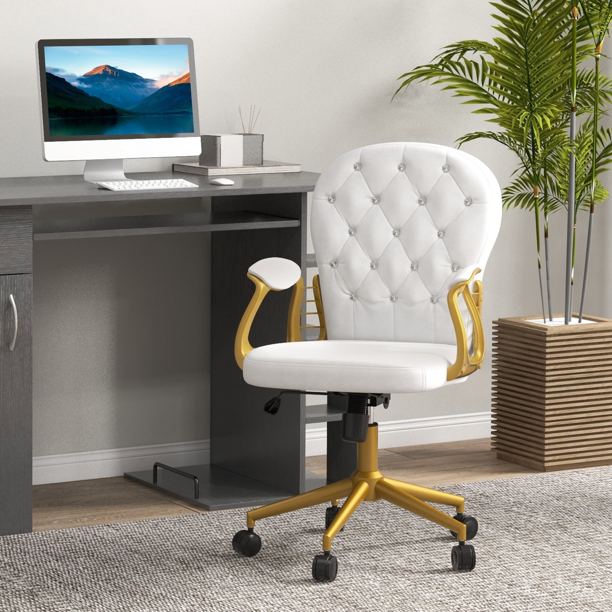 TEMU Vinsetto Velvet Vanity Office Chair, Button Tufted Swivel Chair With Adjustable Height, Padded Armrests And Tilt Function, Gold And White
