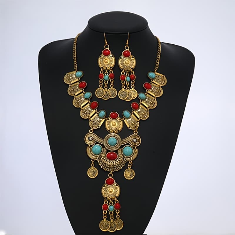 TEMU Retro Fashion Coin Tassel Necklace Tassel Inlaid Gemstone Women's Festive Party Cool Jewelry