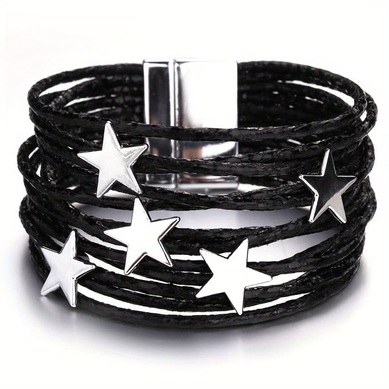 TEMU 1 Pc Bohemian Metal Stars Charm Pu Leather Bracelets For Men Women, Fashion Pentagram Multilayer Bracelets Jewelry