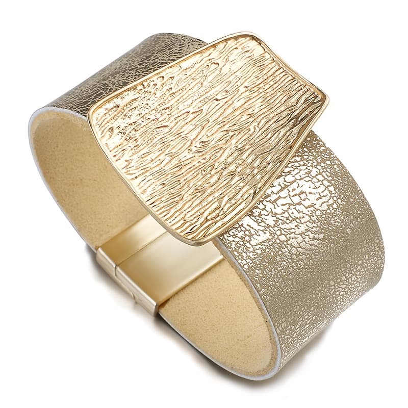 TEMU 1pc Trendy Golden Color Big Metal Geometric Charm Pu Leather Bangle Bangle Bracelet Women Men Bracelets Decorative Accessories For Holiday Party Gift Unisex Accessories Jewelry Gifts