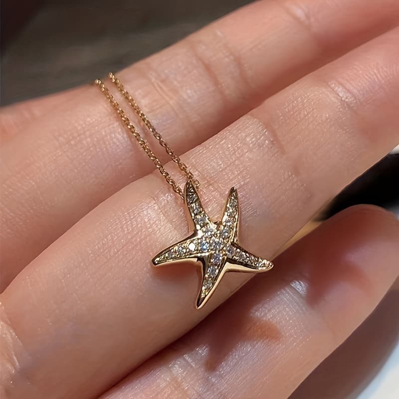 TEMU [popular ] Elegant Starfish Pendant Necklace With Artificial Accents, Copper Collarbone Chain For Women - Perfect Birthday Or Party Gift