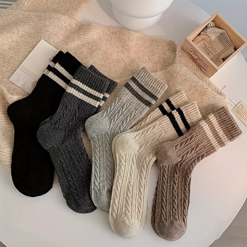 TEMU 5-pack Women's Mid-calf Thick Warm Socks, Ins Trendy Japanese College Style Vintage Twisted Stripe Versatile Over-the-calf Socks