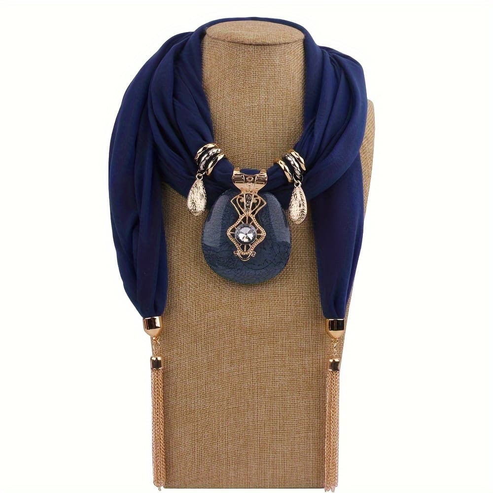 TEMU Vintage Chain Tassel Pendant Jewelry Scarf Solid Color Thin Neck Accessories Mature Ladies Shawl Neck Scarf