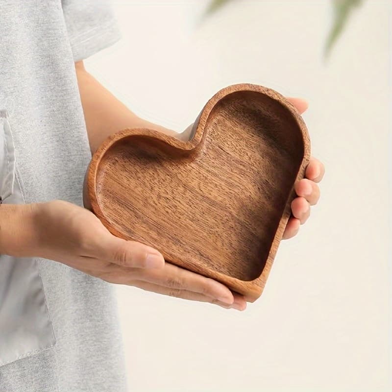 TEMU Heart Shaped Solid Wood Tray, Dried Fruit And Nut Tray For Food And Drinks, Stackable Heart Shaped Walnut Tray, Home Kitchen Supplies, Home Decoration, Non-food Contact