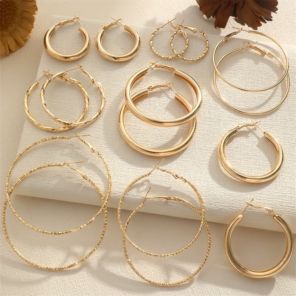TEMU Small And Large Ring Glossy Twisted Wave Shimmering Earrings Combination Set Golden Silvery Optional Ring Earrings Set 8 Pairs