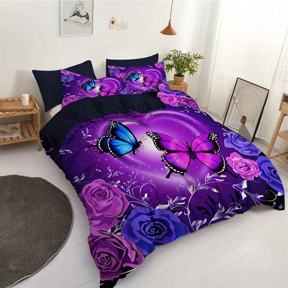 TEMU 2/3pcs Blue Purple Rose Bed Set Cover Set Featuring A Blue Purple , Includes A Down Duvet Cover And 1 Pillowcases, Without , Perfect For Country-style Bedroom Decor