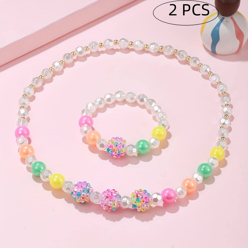 TEMU Set Of 2 Colorful Acrylic Beads Elastic Bracelets And Necklaces, Perfect For Holiday Gifts For Daughters And Granddaughters, Ideal For Parties