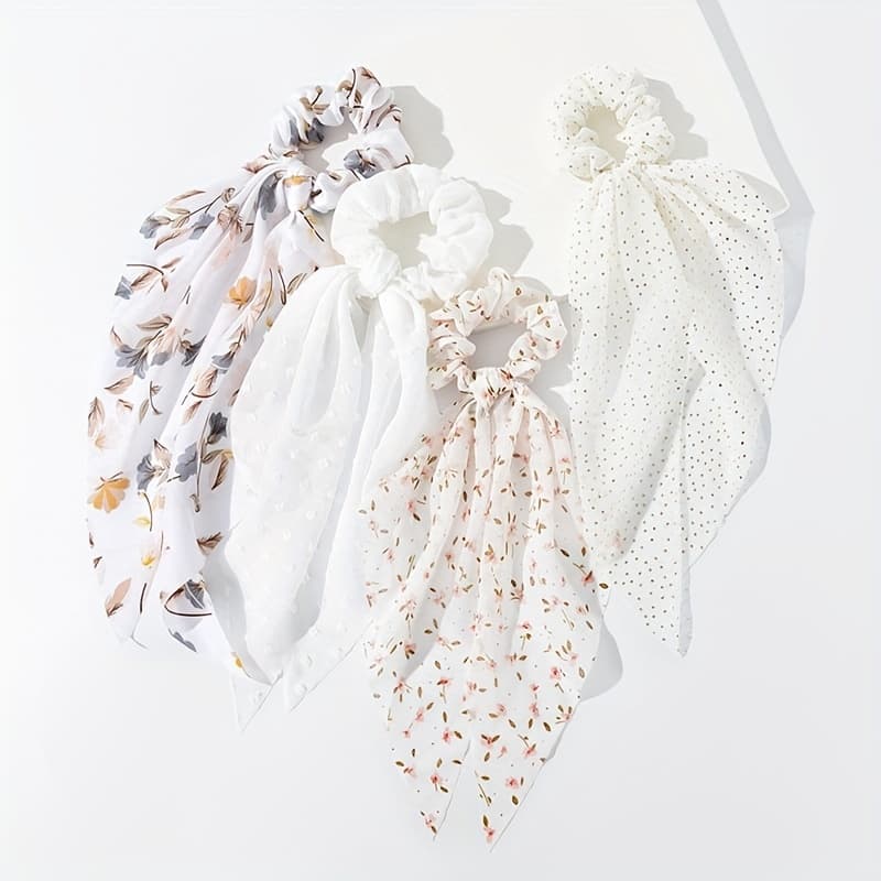 TEMU 4pcs White Chiffon Ponytail Holders, Suitable For Daily Wear, Parties, And Dates