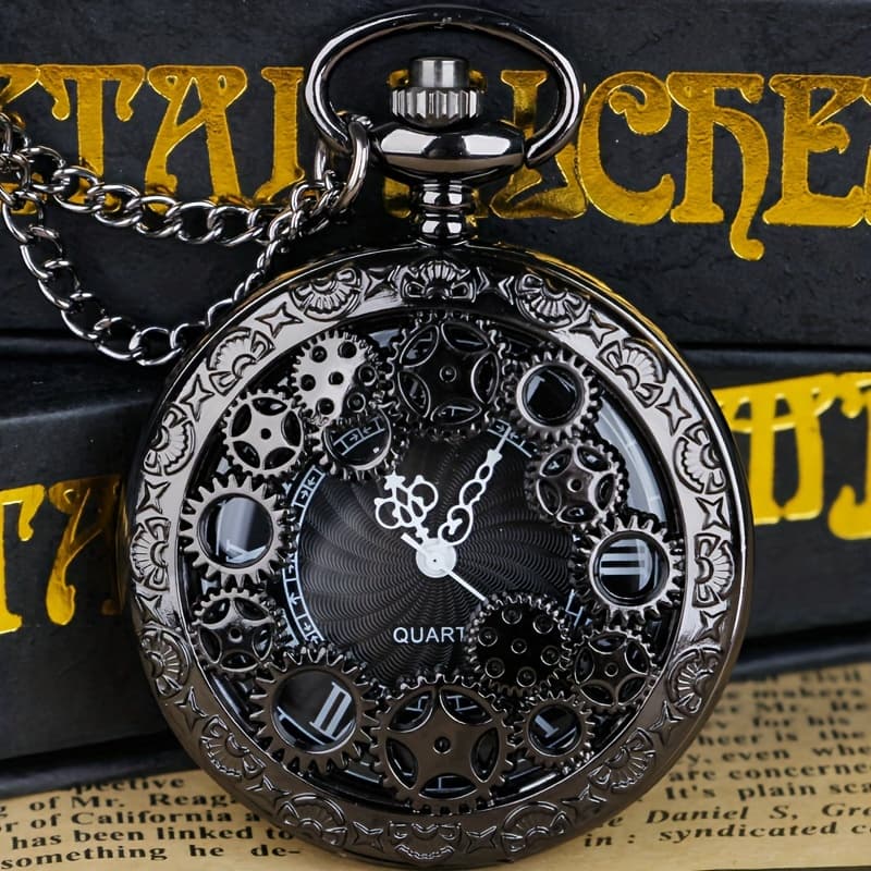 TEMU Gear Steampunk Quartz Pocket Watch Vintage Hollow Out Necklace Chain Watch Sweater Pendant Gift For Women Men
