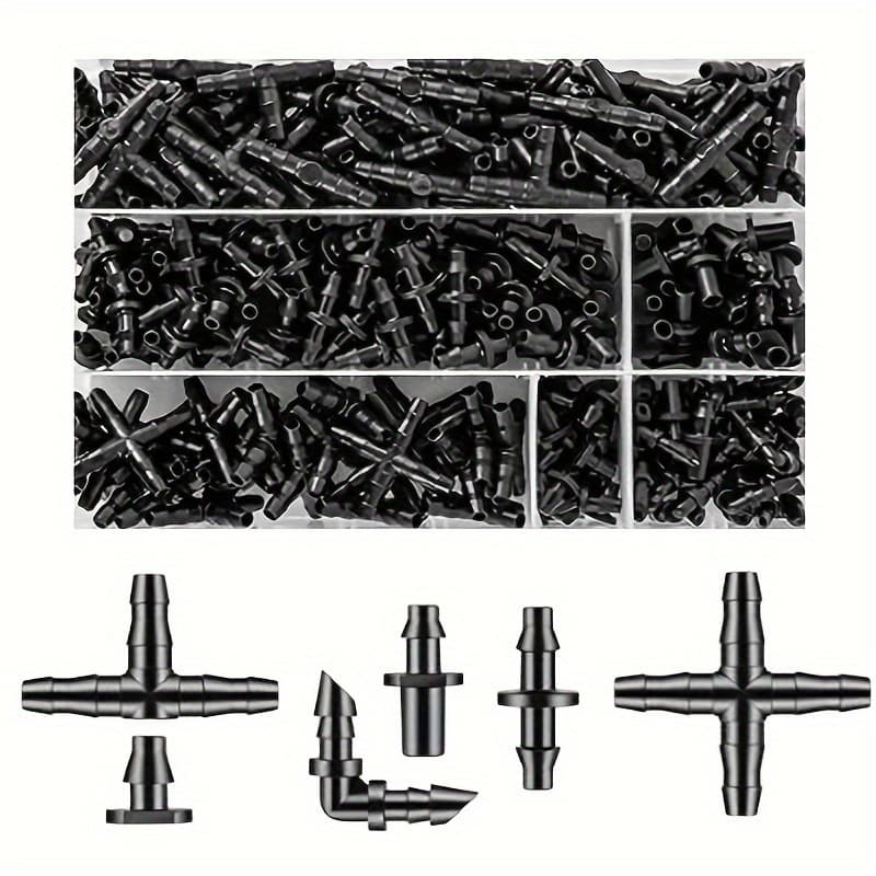 TEMU 300 Barbed Connector Drip Irrigation Fittings Kit, 1/4 Drip Irrigation Kit For Garden Flower Pots Greenhouse Lawn (double , Single , Tee, , End Plug, Elbow)