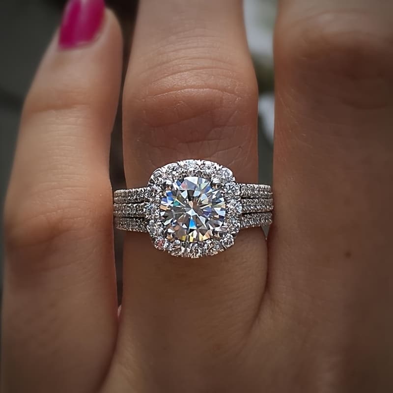 TEMU Luxury Bridal Wedding Jewelry 4 Prong Setting Round Zirconia Ring For Women Romantic Engagement Party Fashion Gift