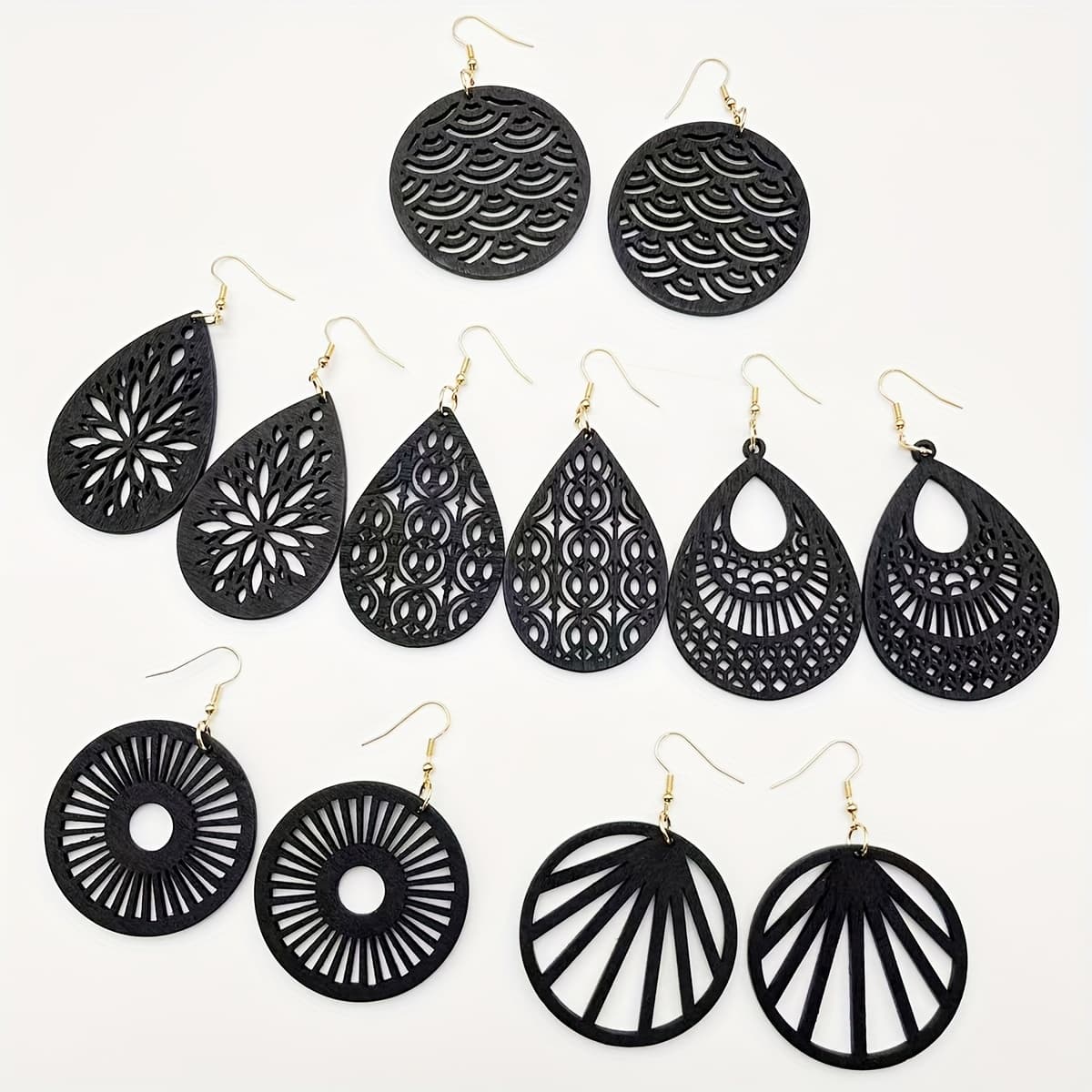 TEMU 6 Pairs/1 Set Of Ultra-lightweight Wooden Hollow-pattern Pendant Earrings