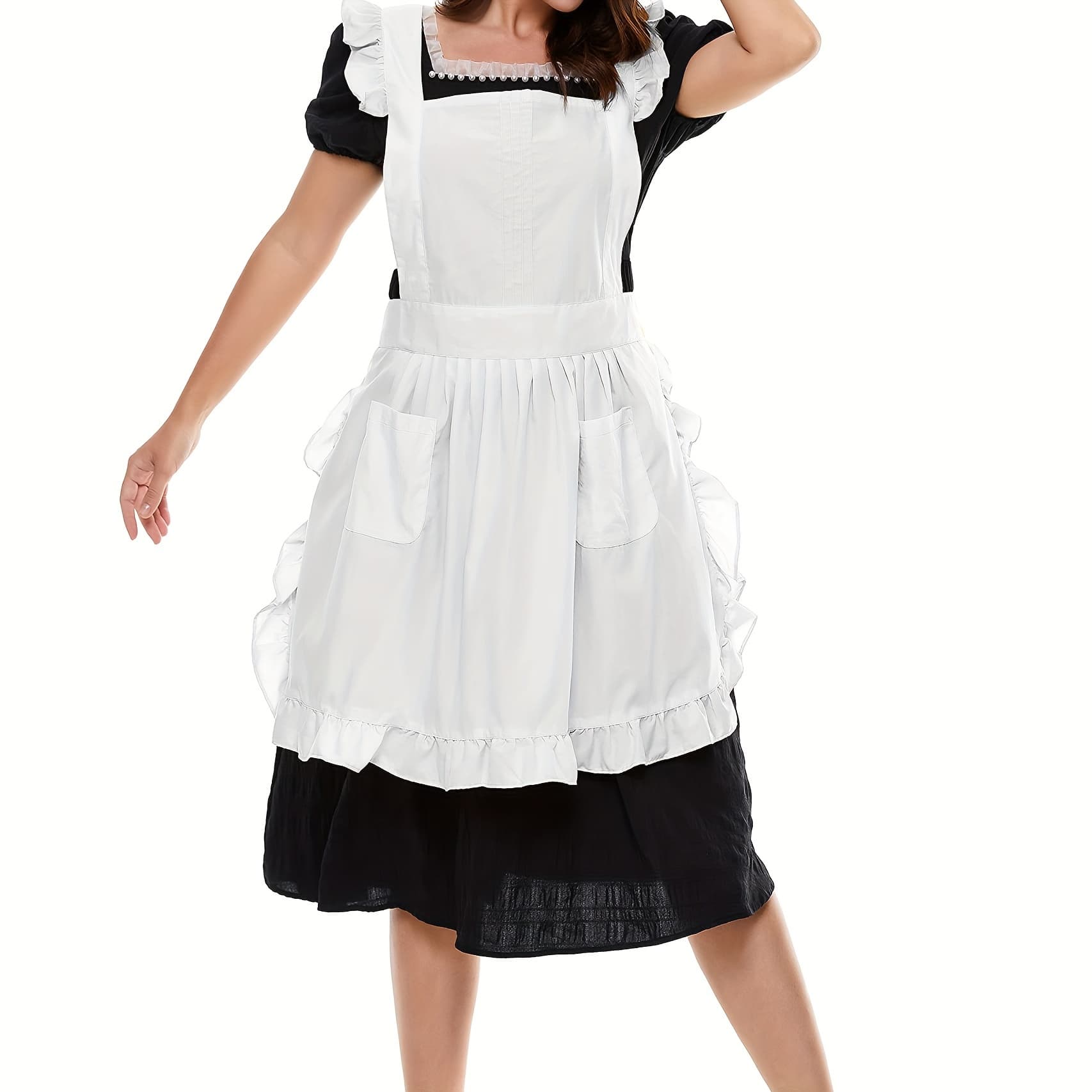 TEMU 1pc White Vintage Adjustable Apron With Pockets, Pleated Kitchen Cooking Baking Cleaning Maid Outfit, Cute Retro Kitchen Cooking Apron Suitable For Women And Girls, Vintage Baking Victorian Apron