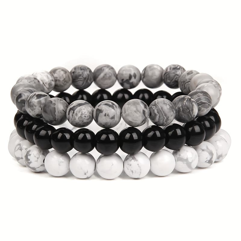 TEMU Hot-selling Cross-border Set Of 3: 8mm Natural Stone Bead Bangle Bangle Bracelet For Men, Rose Quartz And Agate Stone Combination, Women's Bangle