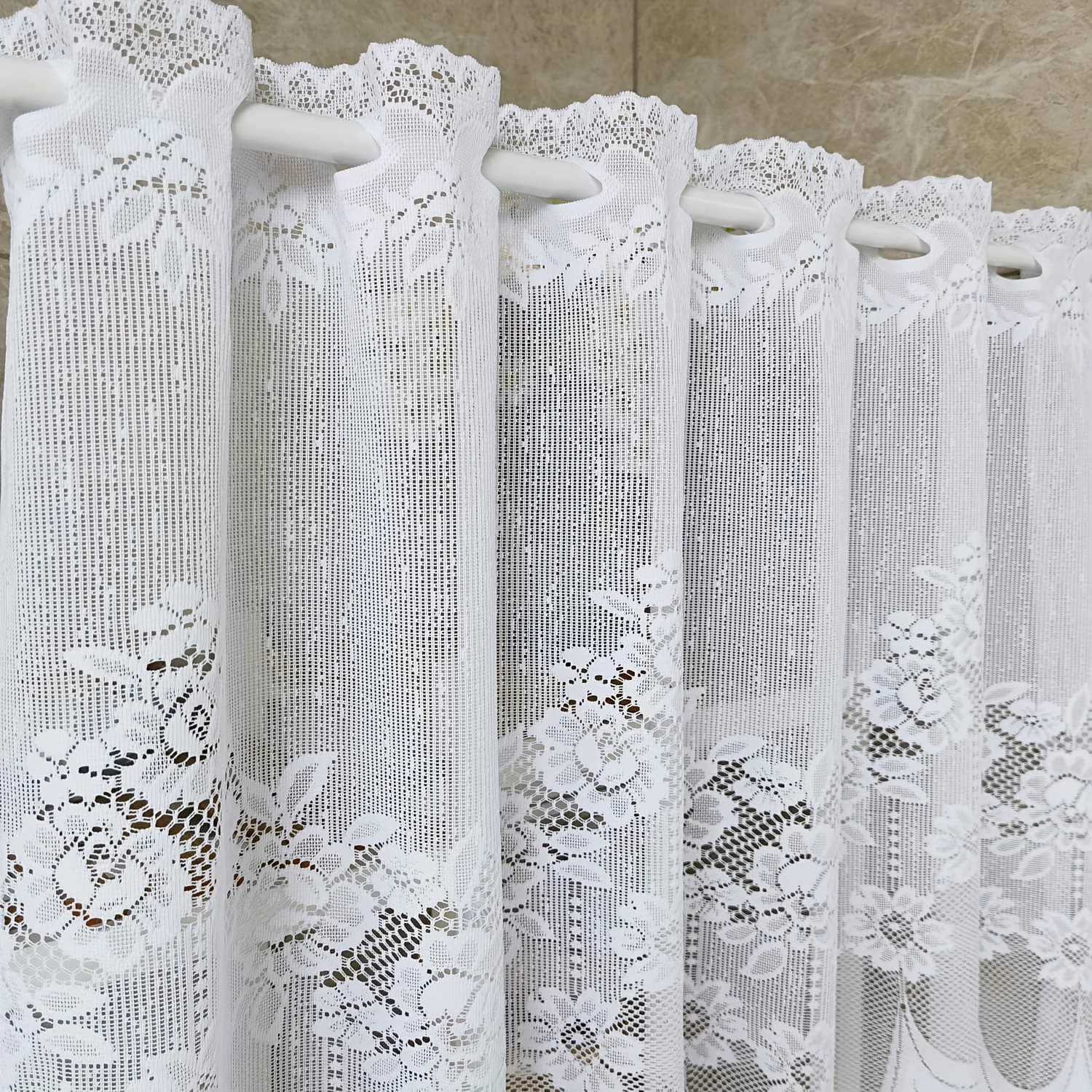 TEMU 1pc Dining Room Rod Pocket White Lace Sheer Curtains Long Scalloped Bottom Kitchen Cafe Valance Short Curtain Window Drapes