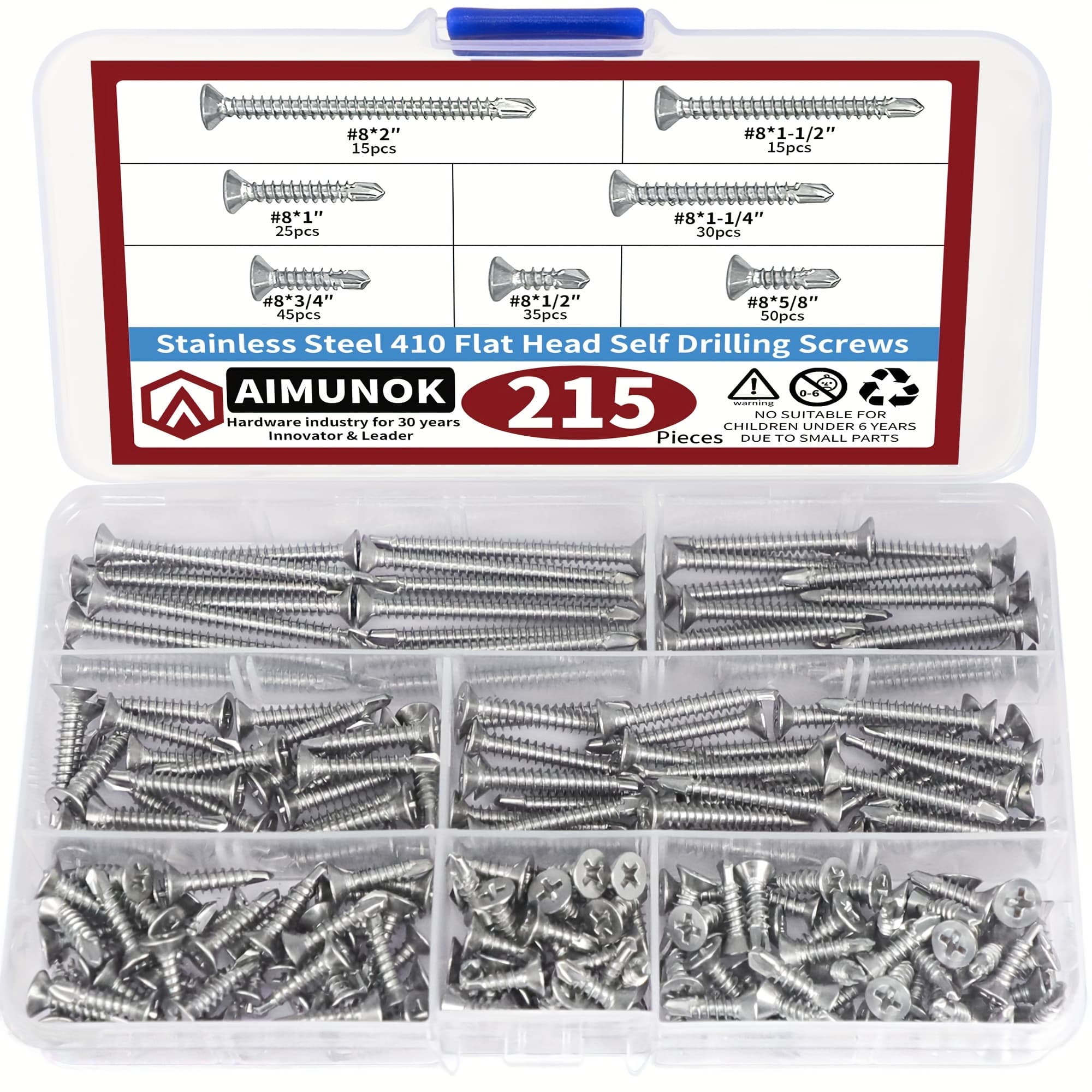 TEMU 215pcs Phillips Self Drilling Screws Sheet Screws Assortment Kit, Modified Truss Head Self Driller - Size #8 X 1/2" - #8 X 2"