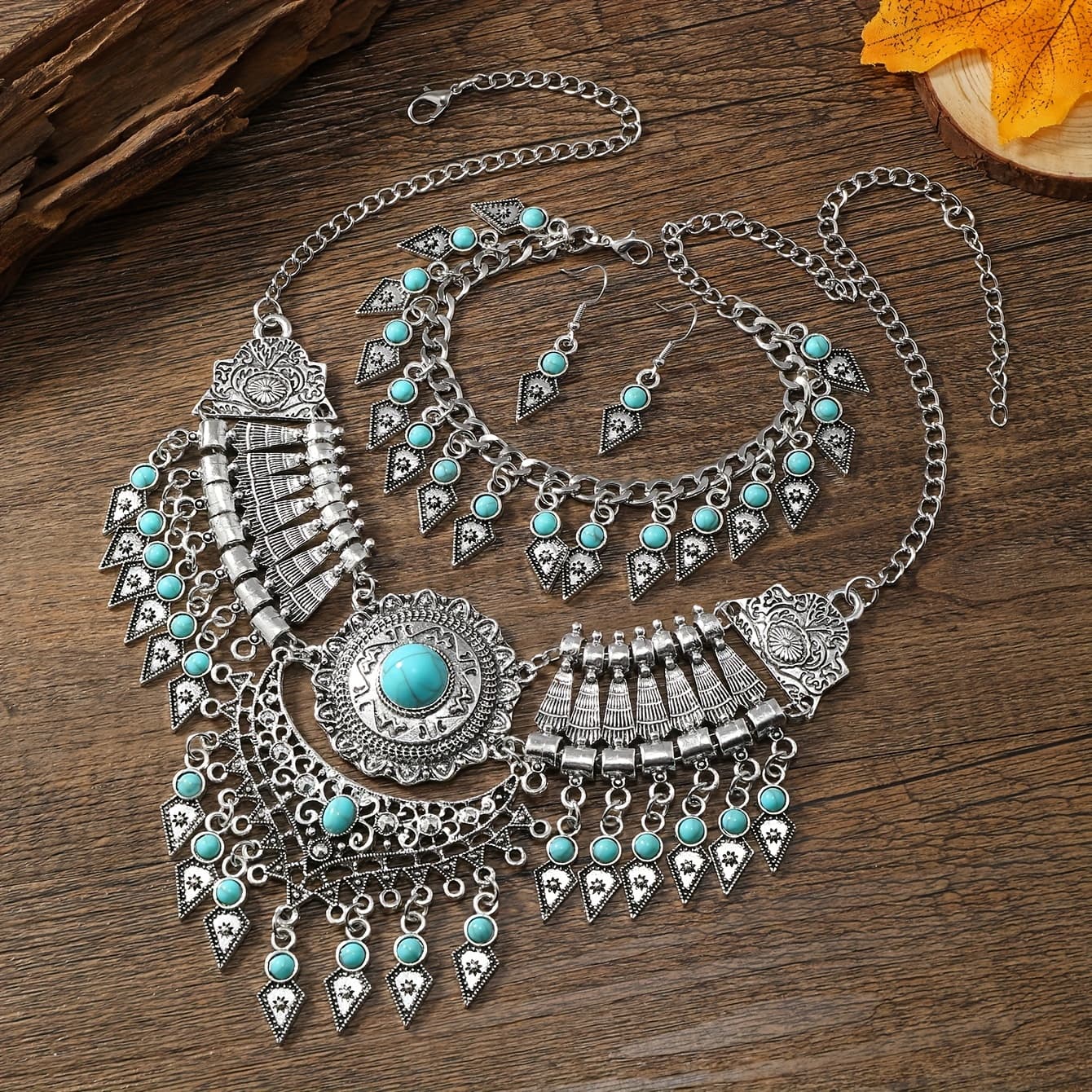 TEMU A Stylish Three-piece Set Featuring A Vintage Necklace With Tassel Pendants, Perfect For Casual Parties And Ethnic-themed Events.