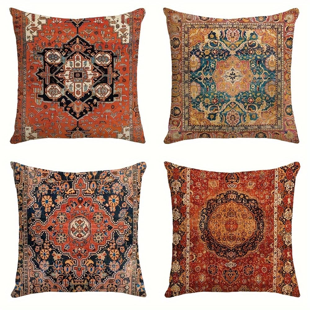 TEMU 4pcs Boho Pillow Covers 18x18 Inch, Carpet Pattern Throw Pillows Case, Orange Red Ethnic Design Outdoor Decorative Square Polyester Farmhouse Decor Cushion Covers For Home Sofa Bed Couch
