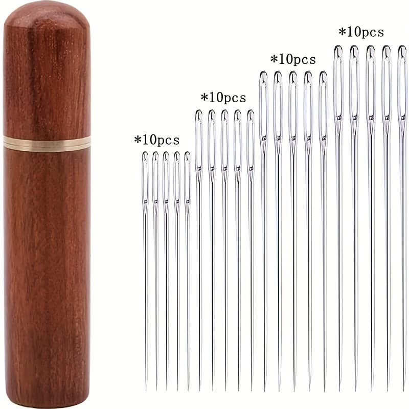 TEMU 40pcs Large Eye Needles, Handmade Sewing Needles, Diy Sewing Needles, Wooden Needle Bucket Storage Needles