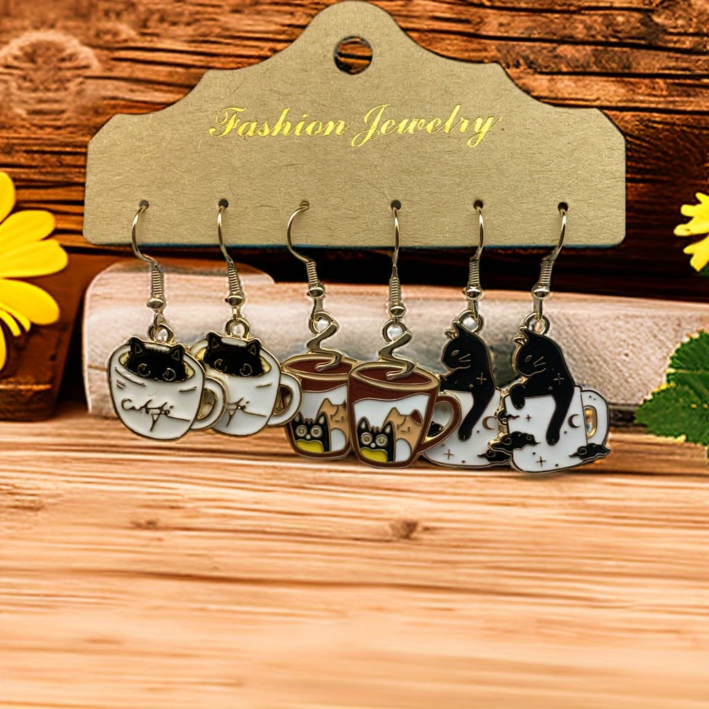 TEMU 3 Pairs/ Set Enamel Coffee Cup Black Cat Design Dangle Earrings Elegant Adorable Female Gift